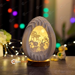 Oeufs de Pâques pop-up scène de couple lapin modèle SVG (oeuf de Pâques 22 cm-8,6 pouces) boîte à lumière 3D découpée en tranches de papier sphère popup