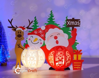 Plantilla de corte de papel para farolillos navideños (Papá Noel y muñeco de nieve) (PDF, SVG)