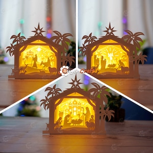 Zestaw 3 lampionów na szopkę, pudełko cieni SVG do projektów Cricut DIY Wesołych Świąt Bożego Narodzenia, pudełko świetlne, dekoracja świąteczna