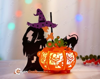 Witch Pumpkin Lantern SVG, Halloween Paper Lantern Templates (PDF, Studio)