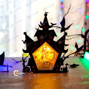 Zombie in Haunted House Shadow Box Halloween PDF, SVG Light Box for Cricut Projects, ScanNcut - DIY Paper Lanterns Lamp Halloween Decor