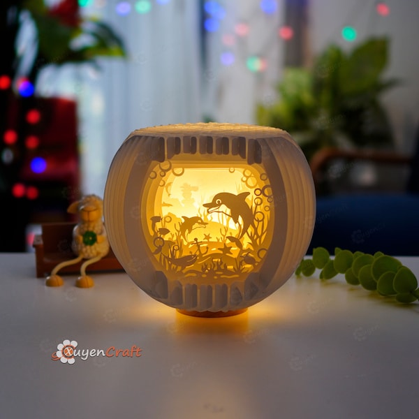 Dolphin SVG Cricut, Cameo4 Template Creating Aquarium Sphere Pop Up, Dolphin Shadow Box, 3D Paper Cut Light Box, Globe Popup - Pop-up Card