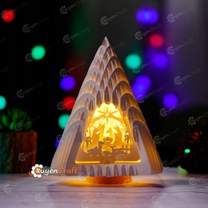 Arbre de Noël V2 avec modèle SVG popup 3D de scène de la Nativité, boîte d'ombre 3D de lanterne d'arbre de Noël pour la découpe de papier de boîte à lumière joyeux Noël