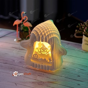 Kürbisse Geist Pop Up Schatten Box PDF, SVG, Studio Vorlage erstellen Halloween Light Box, Papercut Scheibenform Kugel Popup, DIY Halloween Lampe
