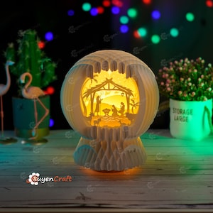 Nativity Scene Christmas Snowball Pop Up SVG Template, Christmas Lightbox 3D Papercut Light Box Sliceform Paper Sphere Popup, 3d svg cricut