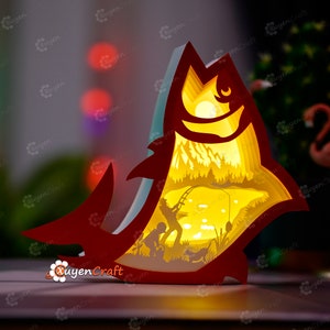 Modèle de fichiers coupés SVG pêche, boîte à ombre poisson, boîte à lumière lanterne poisson, cadeau bricolage pêcheur, poisson papercut en couches Silhouette Art déco 3D