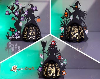 Witch Lantern Templates (Pack 3) – Halloween Papercut Decoration SVG PDF