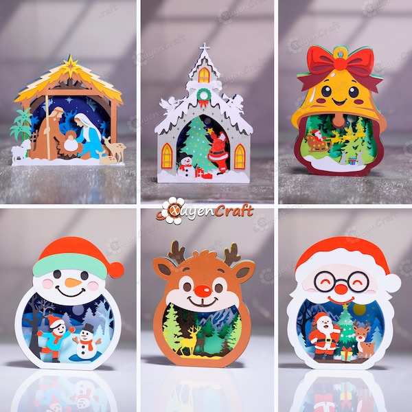 Pack 6 Christmas 3D Pop-up Card Templates – Nativity, Winter Church, Bell, Santa, Snowman & Reindeer | DIY Papercut Ornament | SVG PDF Files