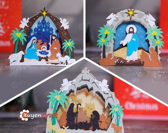 Pack 3 Nativity Scene 3D Pop-up Card Templates | Christmas Papercut Ornaments | SVG PDF Files
