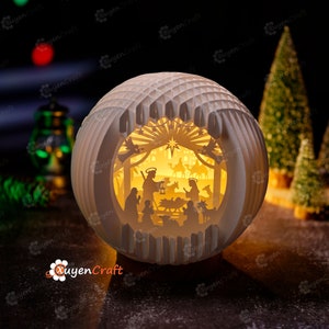 Version 02 Crèche de Noël Sphère Pop Up SVG, Modèles Silhouette Studio, Boule de neige de Noël Pop Up Lightbox 3D Papercut - Lanterne de Noël
