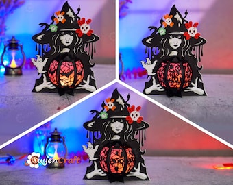 Witch Lantern Set, Halloween Paper Decoration, Shadow Box SVG (PDF, Studio Templates)