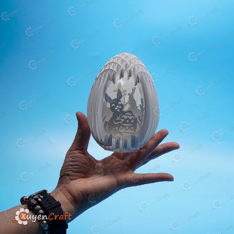 May include: A white papercraft Easter egg with a 3D design of bunnies and an Easter basket. The egg is held in a person's hand against a blue background.