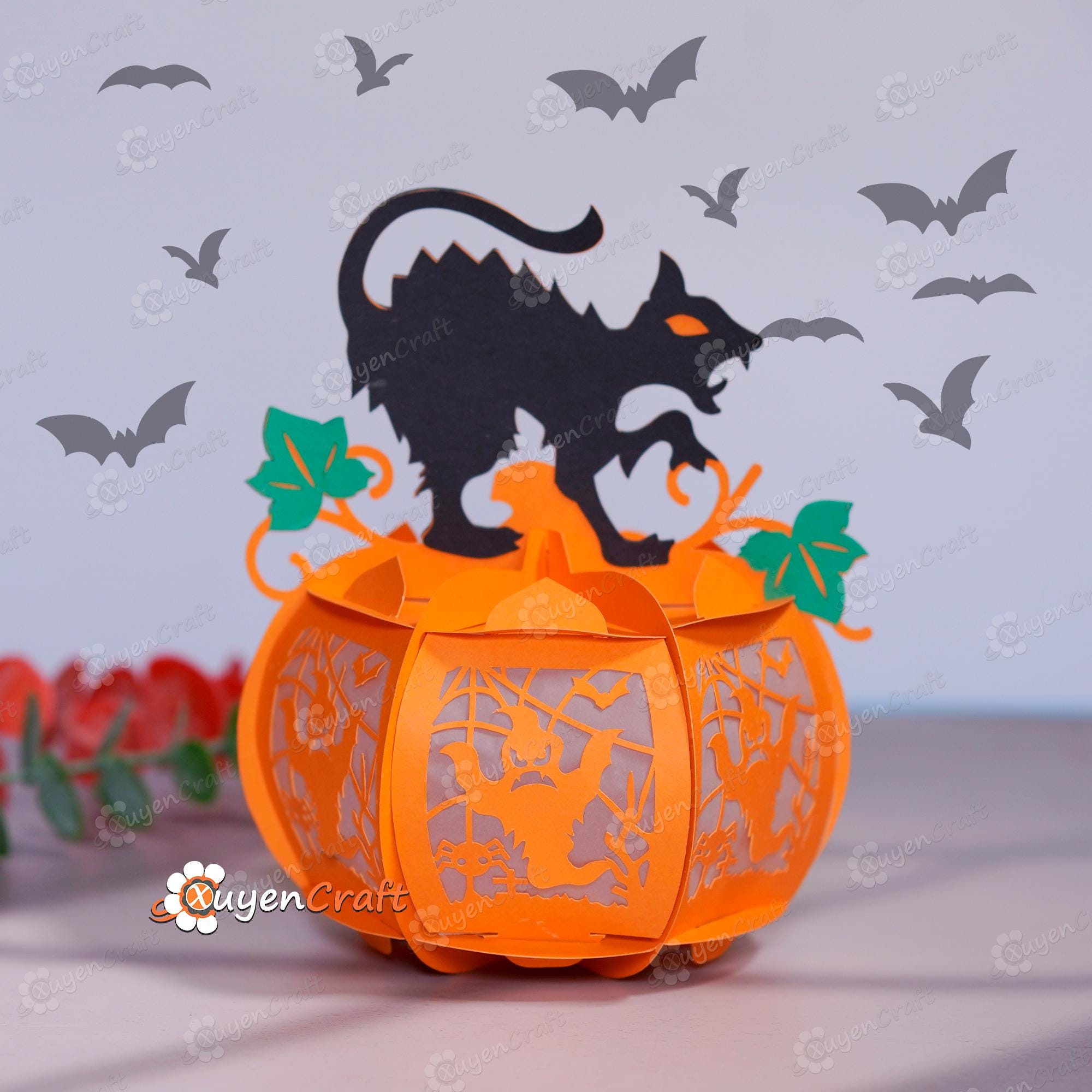 黒猫かぼちゃランタン3個セット PDF、SVG、スタジオテンプレート