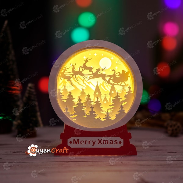 Santa Flying Sleigh Christmas Snow Globe Shadow Box SVG Light Box for Cricut Projects - DIY Christmas Lantern Santa Lighbox Paper Cut