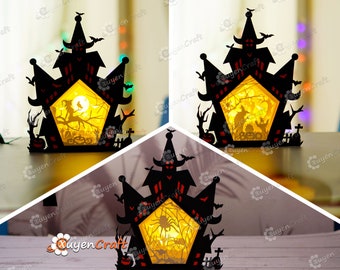 May include: A black wooden Halloween light-up house with a witch, bats, spiderwebs, and pumpkins cut out. The house is lit from inside with a warm yellow light.