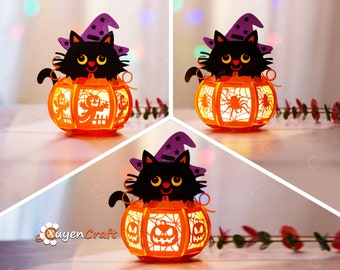 May include: A black cat wearing a purple witch hat sits inside a carved pumpkin with a spiderweb design. The pumpkin is lit from within, creating a warm glow.
