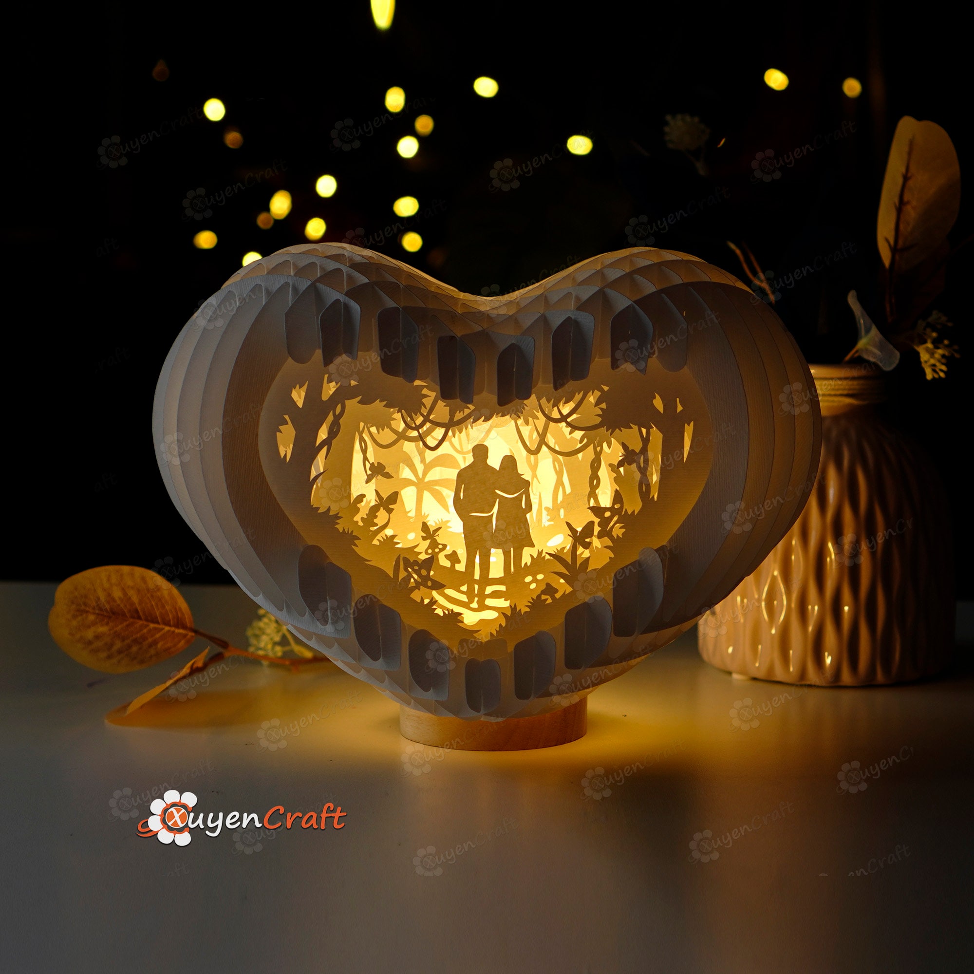 Couple Walking Forest 3D Heart Pop-up Lighting PDF, SVG Template Lightbox, Globe Popup, Lamp Paper Shadow Box, Papercut, Sliceform Valentine