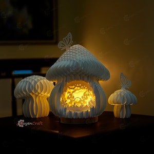 3D Pop Up SVG Template het maken van Konijn Mushroom House Pop Up Cards, 3D Papercut Light, Bunny Easter Egg Cricut Files