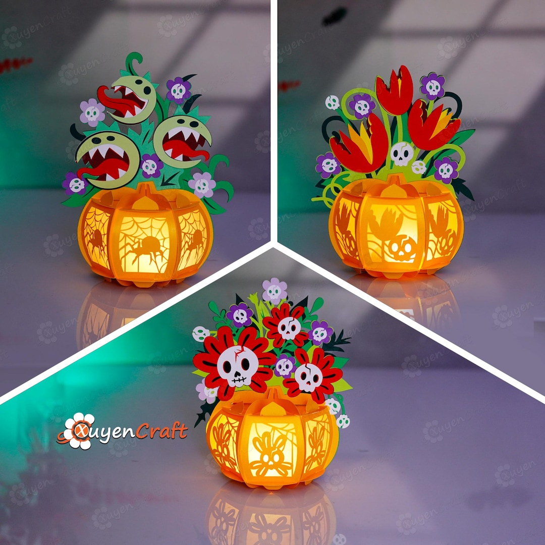 Halloween Pumpkin Lantern Templates – Vase With Flowers, DIY Papercraft ...