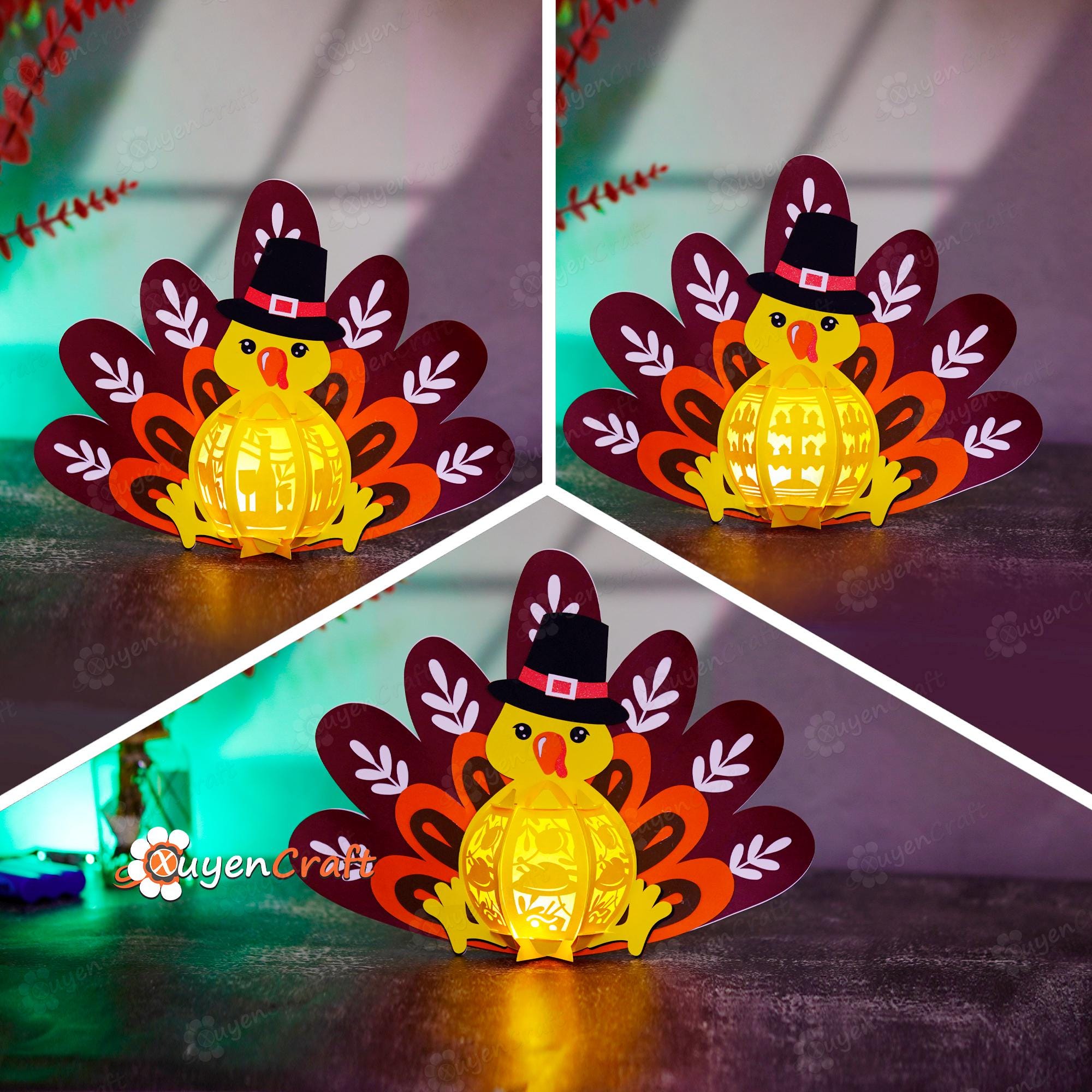 Set 3 Thanksgiving Turkey Lantern PDF, SVG, Studio Templates - DIY Thanksgiving Turkey Day Decoration - Paper Cut Light Box, Shadow box svg