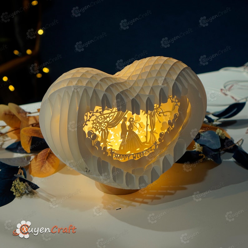 Cartão pop-up de coração de casamento feliz caixa de luz 3D modelo SVG, corte de papel, caixa de sombra de iluminação de coração 3D - pop-up de globo, presente de dia de casamento DIY imagem 5