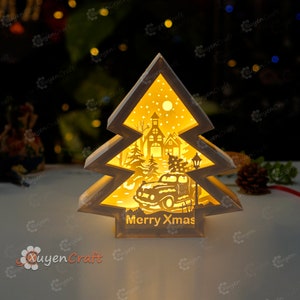 Christmas Truck In Tree Shadow Box Paper Cut Lamp, Christmas Lanterns - DIY Paper Cut Lamp - Christmas Lightbox SVG for Cricut Projects