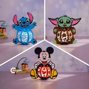 Confezione da 3 lanterne di Topolino, lanterne di Stitch, lanterne di Yoda SVG, Studio, modelli PDF per lanterne fai da te per decorazioni per la cameretta dei bambini, regali fai da te per bambini