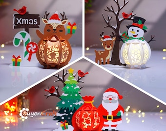 Pack de 3 plantillas de faroles navideños de invierno (archivo PDF SVG Studio): Faroles de papel DIY con forma de muñeco de nieve, Papá Noel y reno.