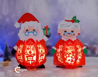 Set 2 Christmas Lantern PDF, SVG, Studio Templates  for you DIY Mr Santa Claus Lantern and Mrs Santa Claus Lantern - Paper Cutting Lamp svg