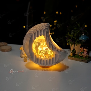Fairy en paashaas in Moon Pop Up PDF, SVG, Studio Template, 3D Papercut Light Box Sliceform Paper Sphere Popup, Paasnachtlampje