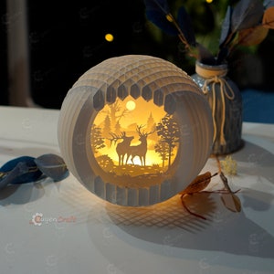 Pareja Deer In Sphere Pop Up PDF, SVG, Studio Templates 3D Pop Up Shadow box DIY Deer night light, Papercut lightbox svg para Cricut Projects
