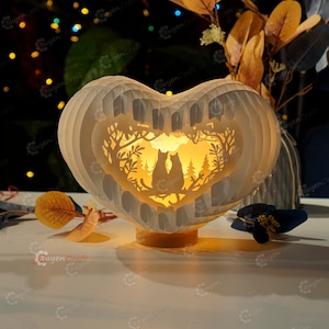 Chat amour coeur carte pop up caisson lumineux modèle SVG papier découpé, coeur 3D éclairage - globe pop up, lampe papier coeur Papercut DIY 3d pop up