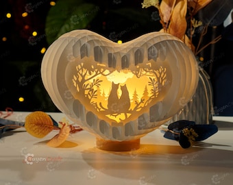 Cat Love Heart Pop up Card Light Box SVG Template Paper Cutting, 3D Heart Lighting - Globe Pop Up, Lamp Paper Heart Papercut DIY 3d pop up