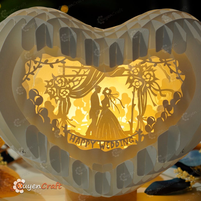 Cartão pop-up de coração de casamento feliz caixa de luz 3D modelo SVG, corte de papel, caixa de sombra de iluminação de coração 3D - pop-up de globo, presente de dia de casamento DIY imagem 2