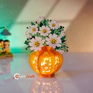 Lanterna a forma di vaso di margherite PDF, SVG, modelli di studio - Lanterna di fiori fai da te, ornamenti di lanterne di carta - Lampada di taglio della carta svg