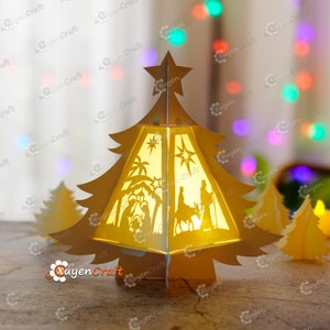 Nativity Scene in Christmas Tree Lantern SVG for Cricut Projects, Paper Cut Template For Christmas, DIY Christmas Lantern Svg