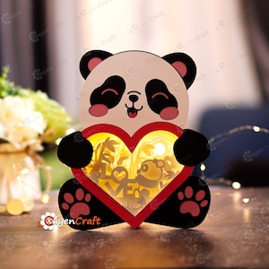 Love Panda Heart Lantern Shadow Box PDF, SVG Template - DIY Panda Lightbox for Valentine&#39;s Day - Panda Paper Cut Lantern - 3D Shadow Box Svg