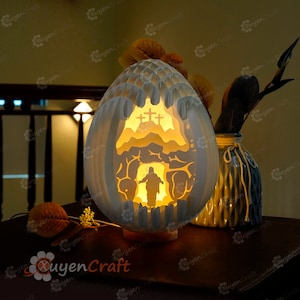Wielkanocny Jezus Chrystus zmartwychwstał 3D Easter Egg szablon SVG tworzenie 3D Pop Up, Wielkanocny Jezus zmartwychwstał Light Box, sylwetka plików Cricut
