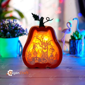 Spooky Tree in Tall Pumpkin Lantern Shadow Box SVG for Cricut Projects, Halloween Paper Cut Template - Pumpkin Lightbox, DIY Paper Lanterns