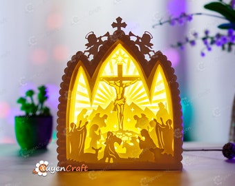 Jesus on Cross in Nativity House Lanterns Shadow Box PDF, SVG Light Box for Cricut Projects - DIY Nativity Scene Paper Lantern for Christmas