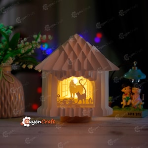 Liebe Hund und Katze im Haus Pop Up PDF, SVG, Studio Template, SVG für Cricut Projekte, Paper Cut Light Box, Shadow Box Kugel Popup