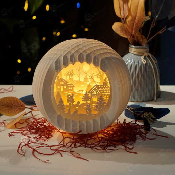 Merry Christmas SVG template for creating Christmas Village Sphere Pop Up - 3D Pop up Card - DIY Paper Cut Lamp, Christmas Paper Lanterns