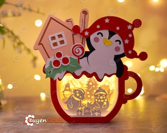 Pinguin Hot Chocolate Shadow Box SVG Vorlage - Weihnachtspapierlaterne (Digitaler Download)