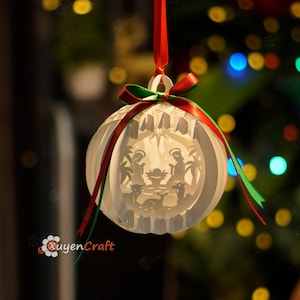 Presépio Esfera Popup Pendurado SVG para Feliz Natal - Modelo de corte de papel 3D Pop Up Card - Enfeites de Natal DIY