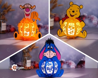 Pack 3 Tigger Lantern, Eeyore Lantern, Pooh Bear Lantern, PDF, SVG, Studio Templates for DIY Lantern For Children&#39;s Room Decor, Diy gifts