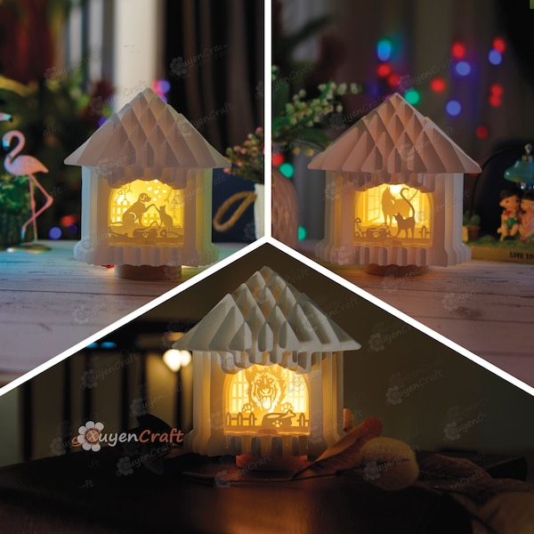 Pack 3 Animal Dog & Cat In House Pop Up PDF, SVG, Studio Template, Svg for Cricut Projects , Paper Cut Light Box, Shadow Box Sphere Popup