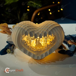Cartão pop-up de coração de casamento feliz caixa de luz 3D modelo SVG, corte de papel, caixa de sombra de iluminação de coração 3D - pop-up de globo, presente de dia de casamento DIY imagem 7