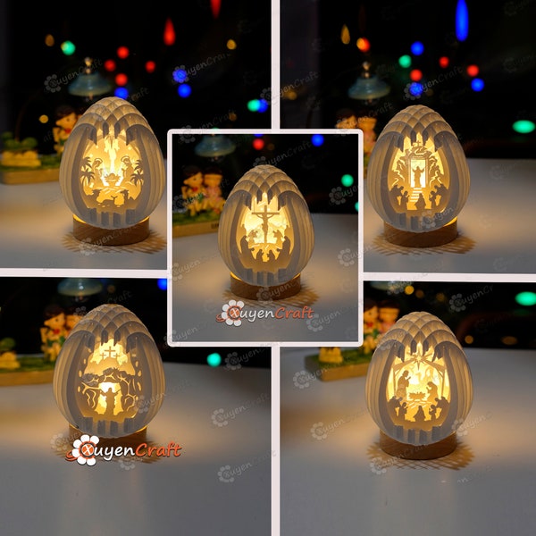 Pack 5 Jesus Risen and Nativity Scene in Small Eggs Pop Up PDF, SVG Template Compatible with Cricut Joy, Cameo4... Easter Sphere Popup