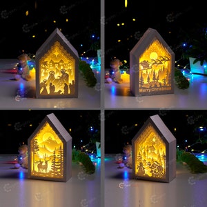 Pack 4 Christmas Lanterns Shadow Box SVG, Silhouette Studio Templates, Paper lanterns for x-mas decor - DIY Paper Cut Lamp Decoration