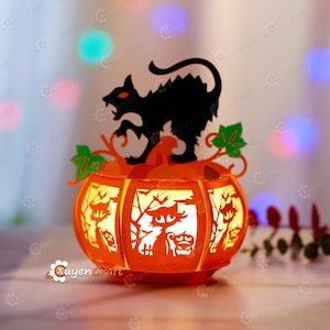 黒猫のカボチャランタン PDF、SVG、スタジオテンプレート - ハロウィーンの装飾用のカボチャランタン紙ランタン、DIYハロウィーン紙ランタン